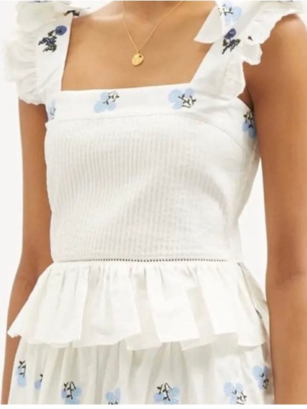 Lug Von Siga Top Ornella Strap Tie Embroidered Floral in White Blue